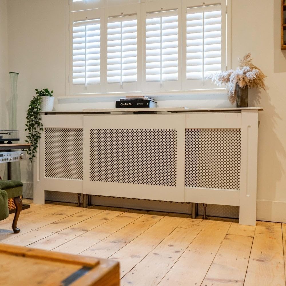 White Adjustable Radiator Cover | Modern MDF Wood Cabinet | Diamond Lattice