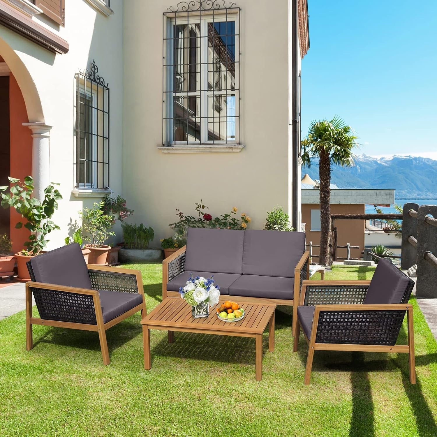 Rattan Garden Furniture Set 4PC Outdoor Patio Sofa Set with Coffee Table
