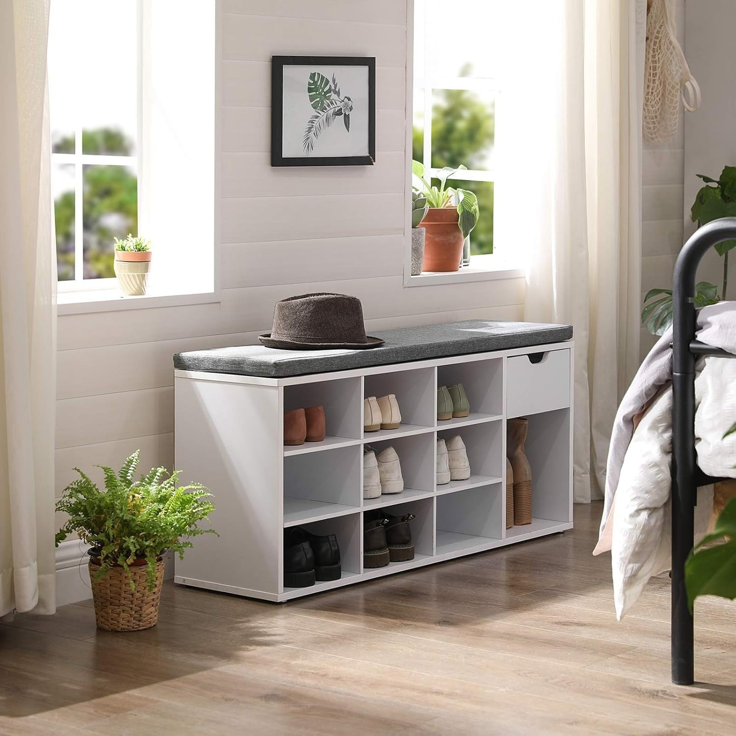 White & Grey Shoe Storage Bench with Cushion Seat, Drawer & Open Shelves