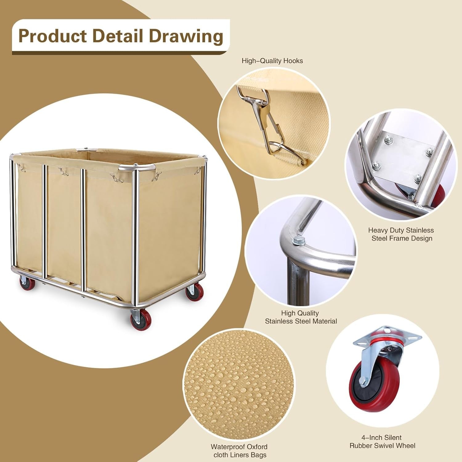 400L Commercial Laundry Cart with Wheels | Heavy Duty Steel Frame Beige Hamper
