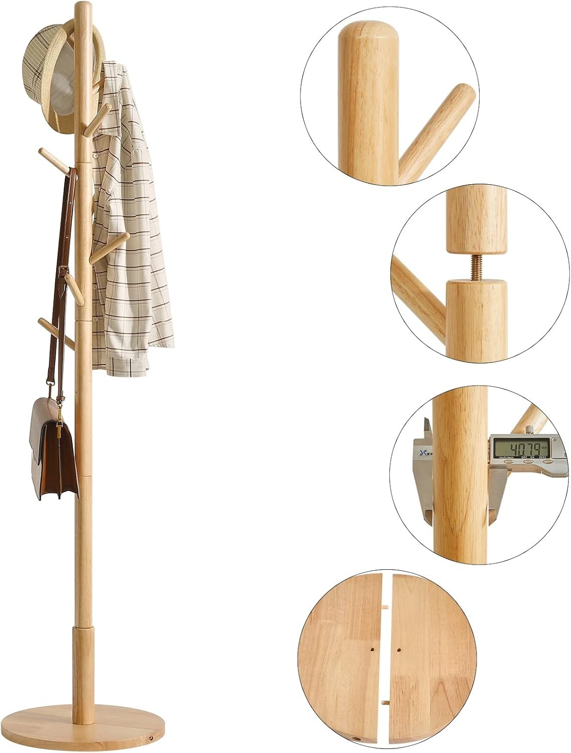 Natural Wooden Coat Rack Stand | 8 Hooks Round Base Hall Tree for Coats Hats