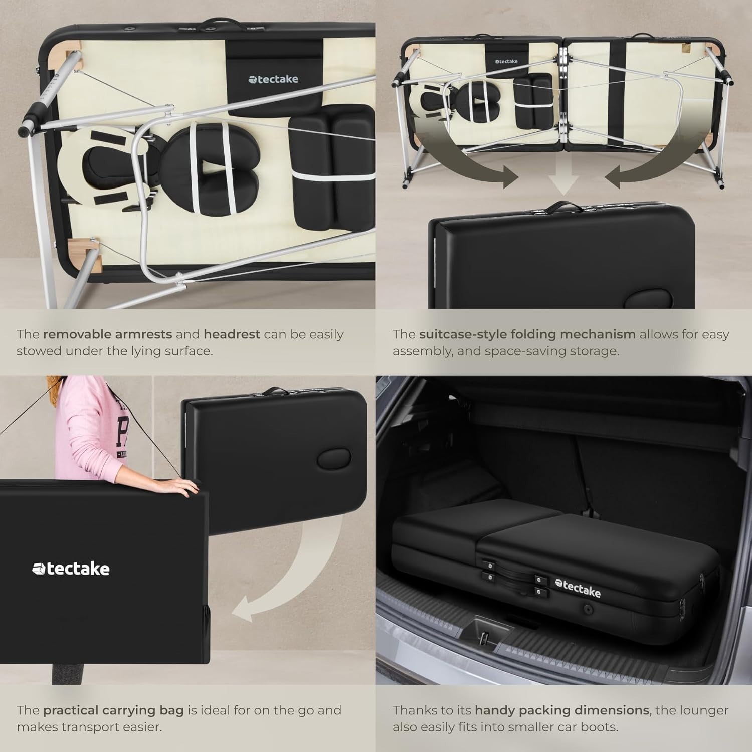 Portable 3 Zone Massage Table Foldable Aluminium Spa Beauty Bed 70cm Black