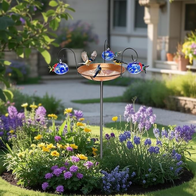 2-in-1 Hummingbird Feeder & Bird Bath Bowl – Hand Blown Glass Garden Decor