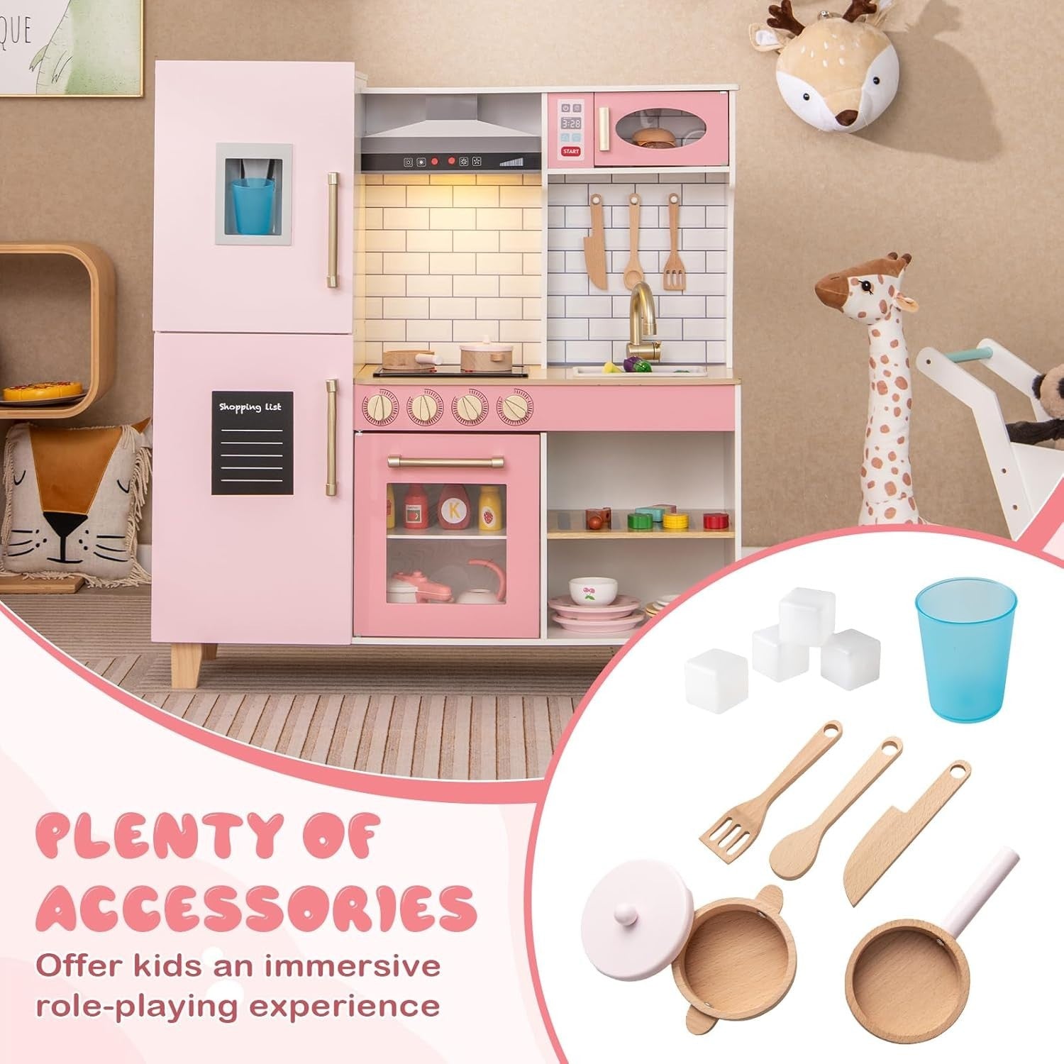 Wooden Kids Play Kitchen Pink Lights Sounds Chalkboard Toy Set