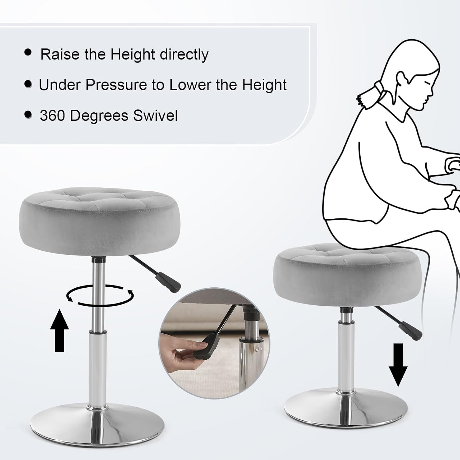 Grey Velvet Adjustable Vanity Chair – Round Swivel Makeup Stool Chrome Base
