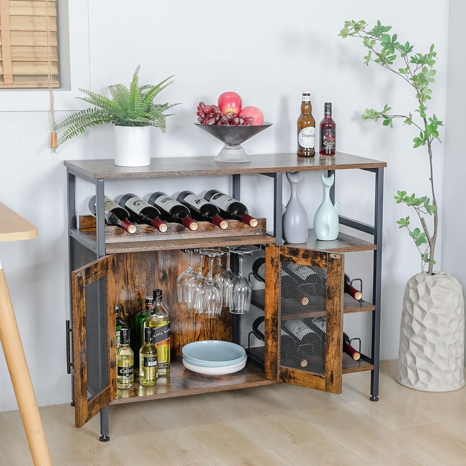 Rustic Wine Bar Cabinet with Glass Holder & Bottle Rack, Sideboard Buffet Unit