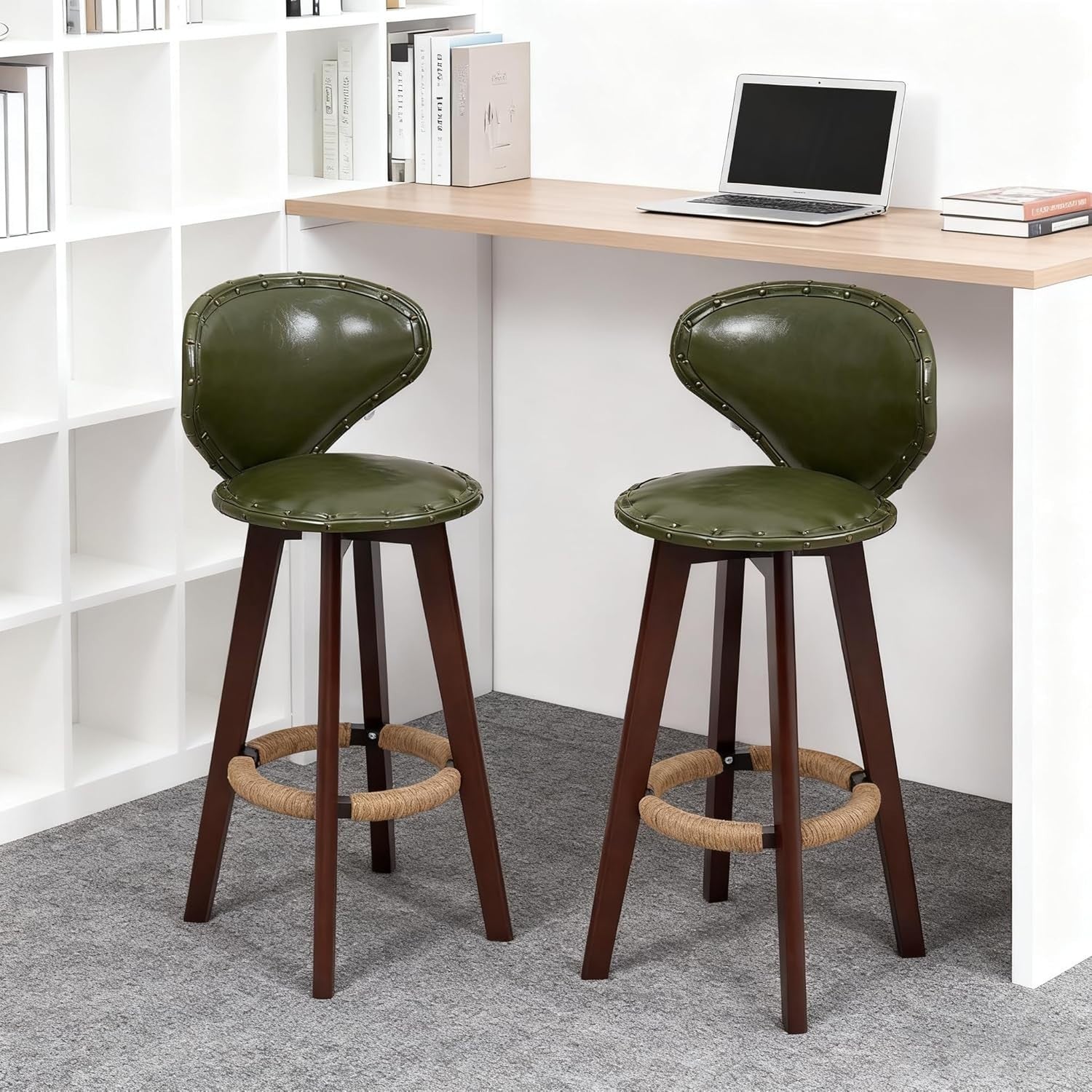 Swivel Bar Stools 2pcs Green Faux Leather High Counter Kitchen Chairs