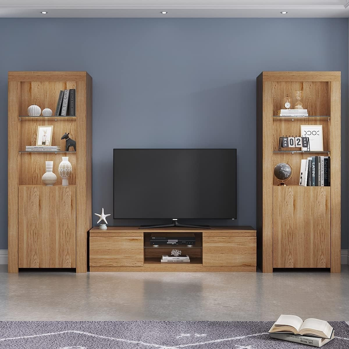 Tall Oak Display Cabinet Glass Shelves LED Light Modern Storage Unit