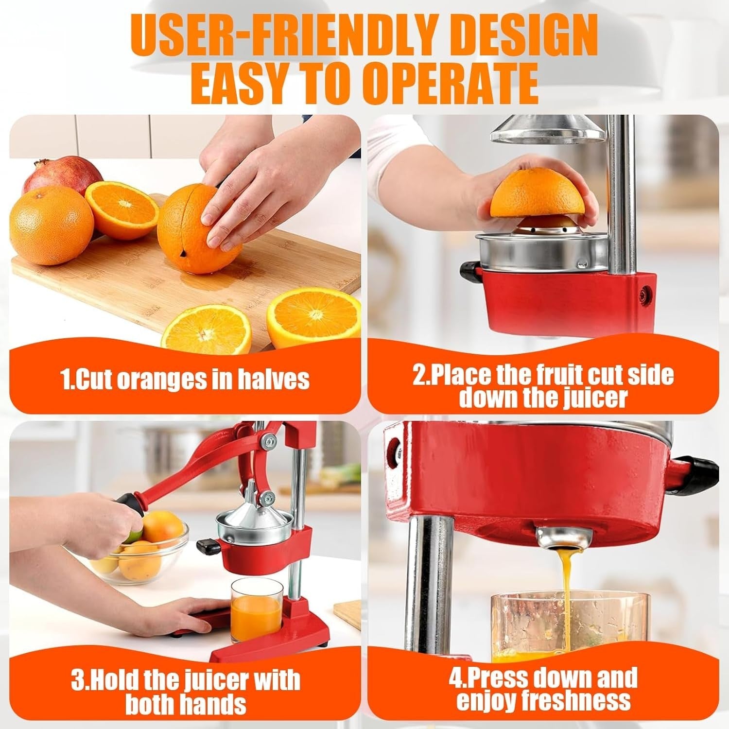 Professional Manual Citrus Juicer Cast Iron High Yield Easy Clean Red