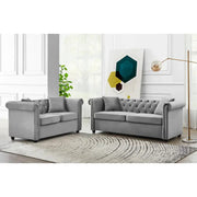 2 Seater Chesterfield Sofa Grey Velvet Scroll Arms Plush Living Room