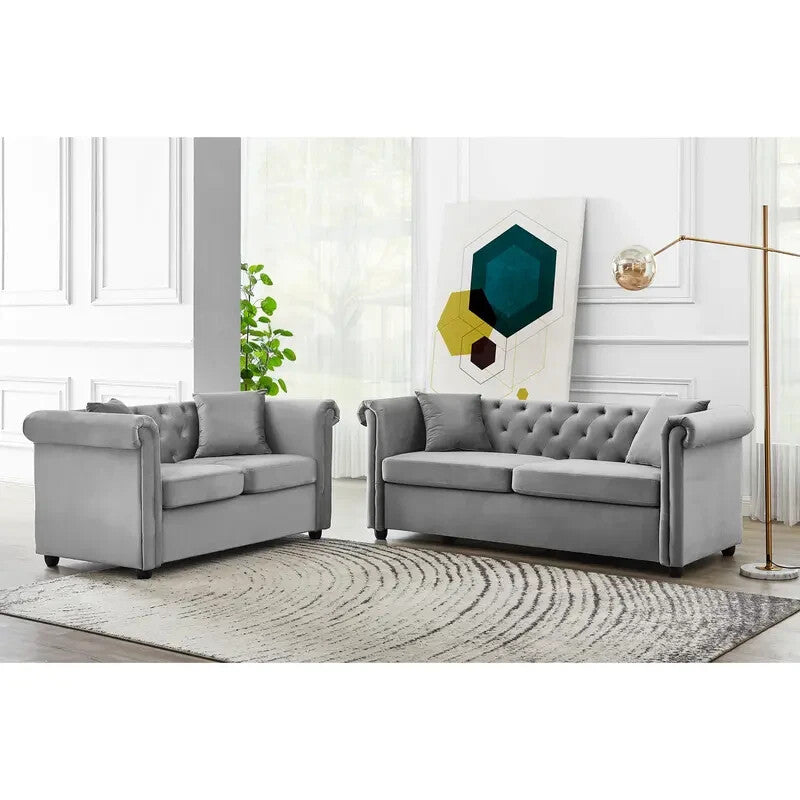 2 Seater Chesterfield Sofa Grey Velvet Scroll Arms Plush Living Room