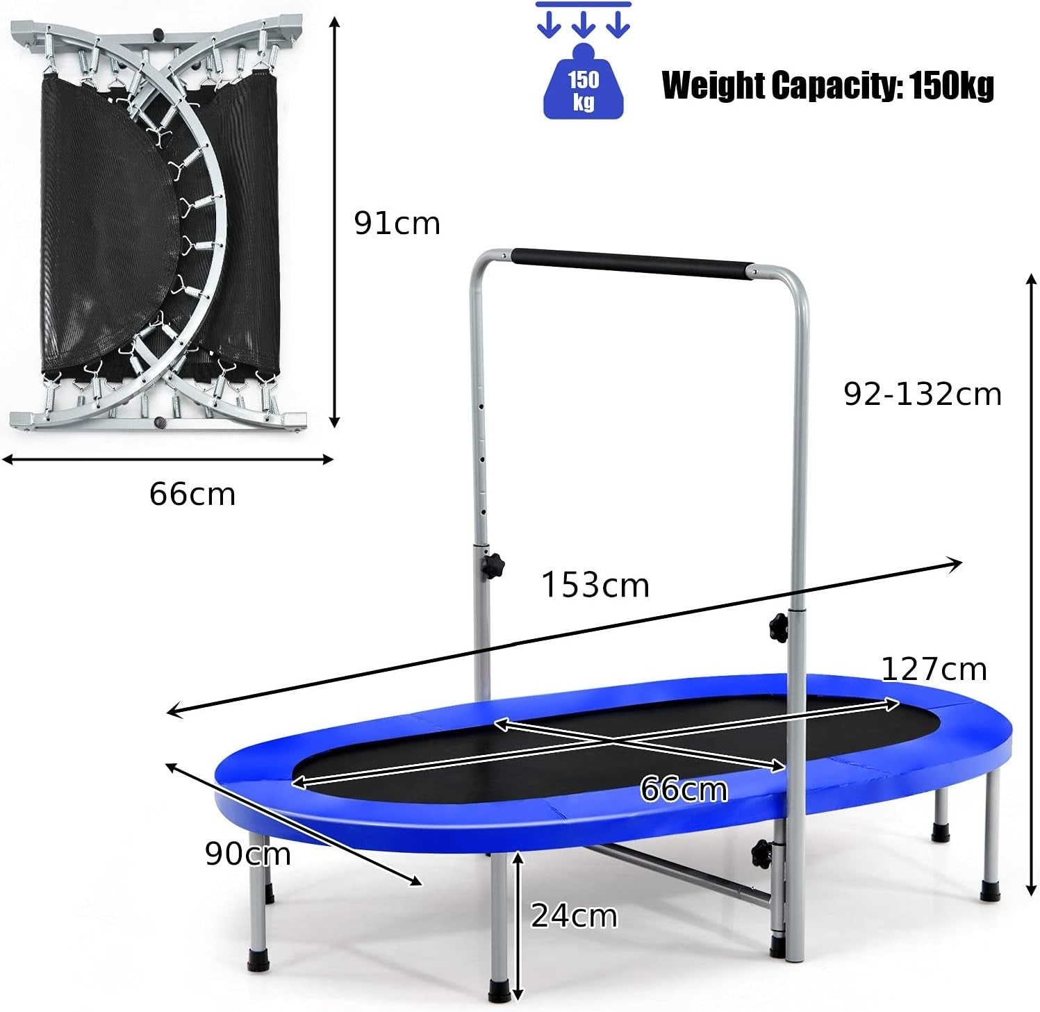 Oval Foldable Trampoline for Two Adjustable Handle Indoor Fitness 150KG
