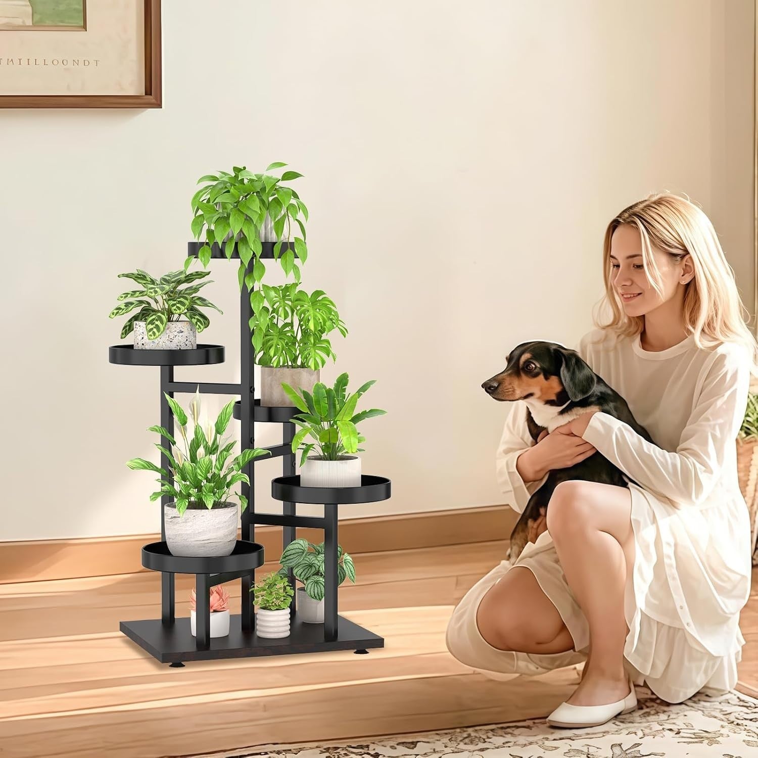 5-Tier Black Walnut Metal & Wood Plant Stand | Corner Indoor Outdoor Shelf