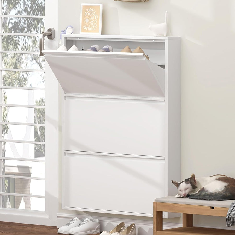 Wall Mounted Narrow Metal Shoe Cabinet 3 Flip Drawers Slim Storage