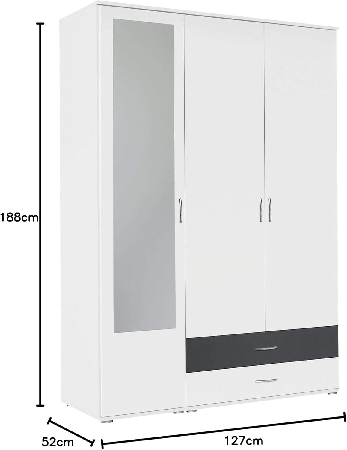3 Door Wardrobe Mirror Drawers Hanging Rail Shelves White Grey Storage