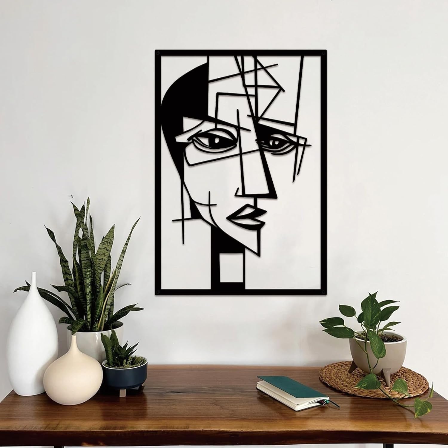 Set of 2 Abstract Metal Wall Art Faces Black Minimalist