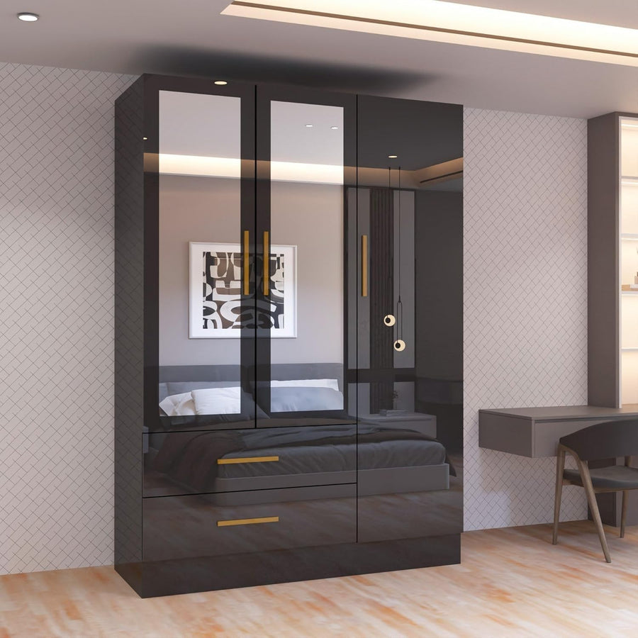 Modern 3 Door Black High Gloss Wardrobe with Mirror, Drawers & Hanging Rails