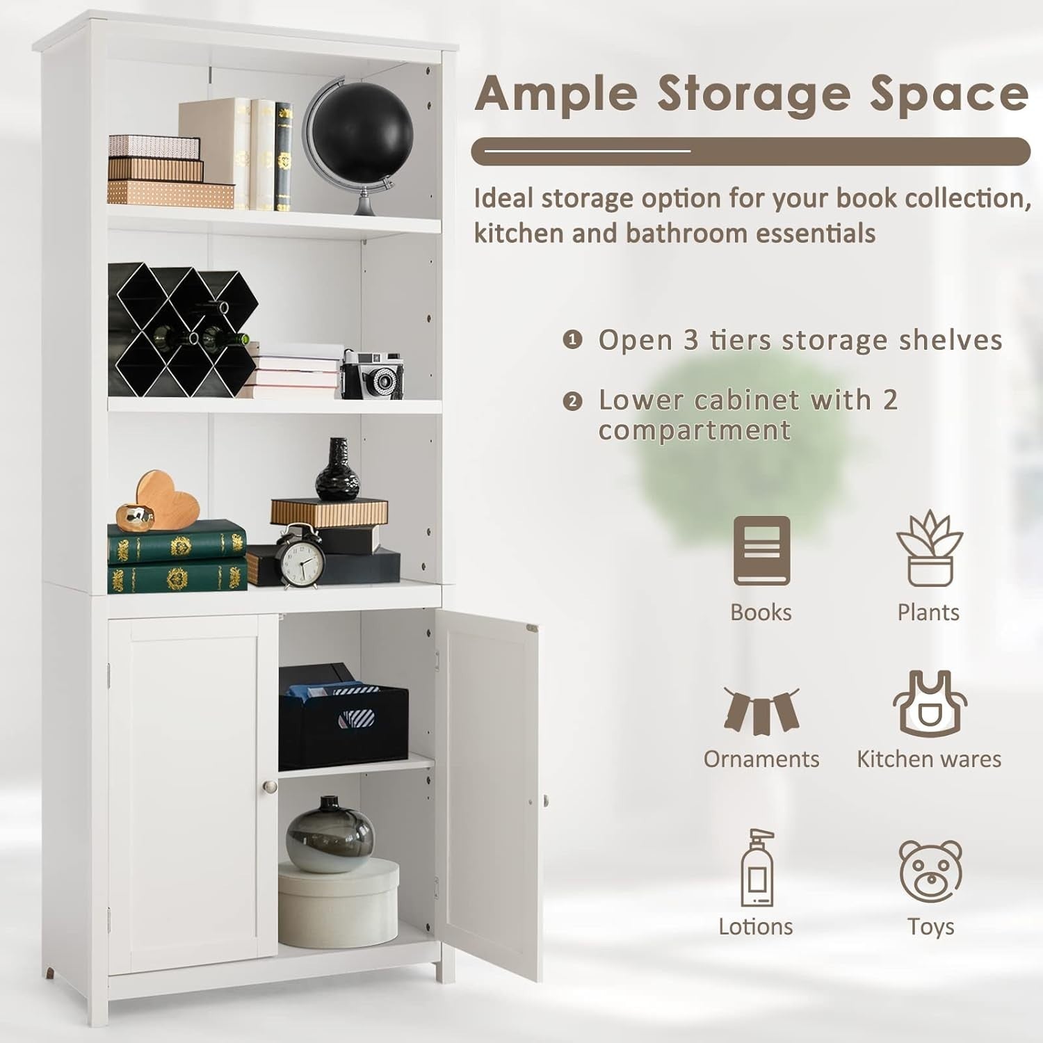 White Wooden Storage Cabinet with 3 Open Shelves & 2 Doors for Home