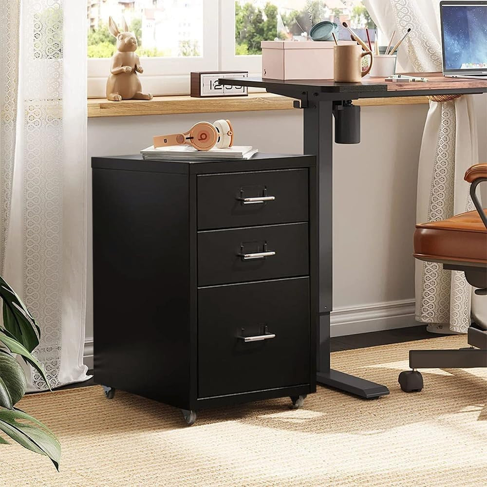 Compact Metal Rolling File Cabinet 3 Drawer Under Desk Storage Black