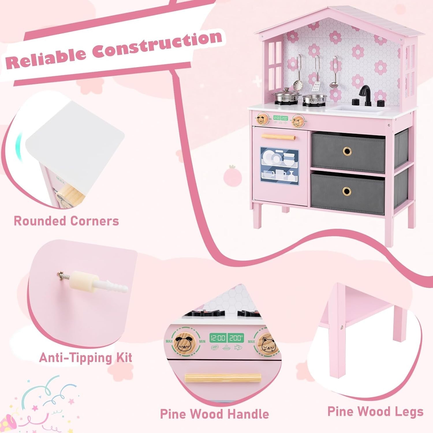 Wooden Kids Play Kitchen Pink w/ Dishwasher Sink Pots Role Play