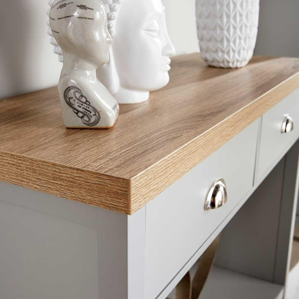 Grey Console Table with 2 Drawers & Shelf – Hallway Sideboard 72cm Oak Top
