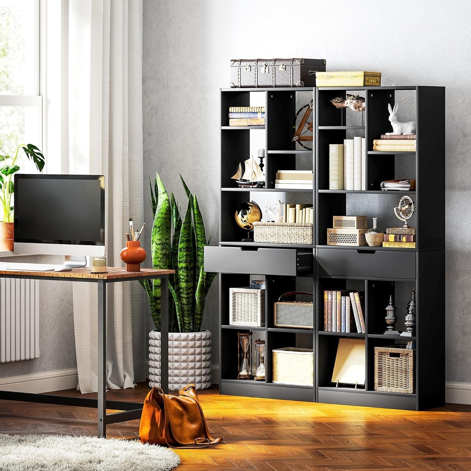 Tall Black Bookcase with Drawer & Open Shelves – Modern Freestanding Storage