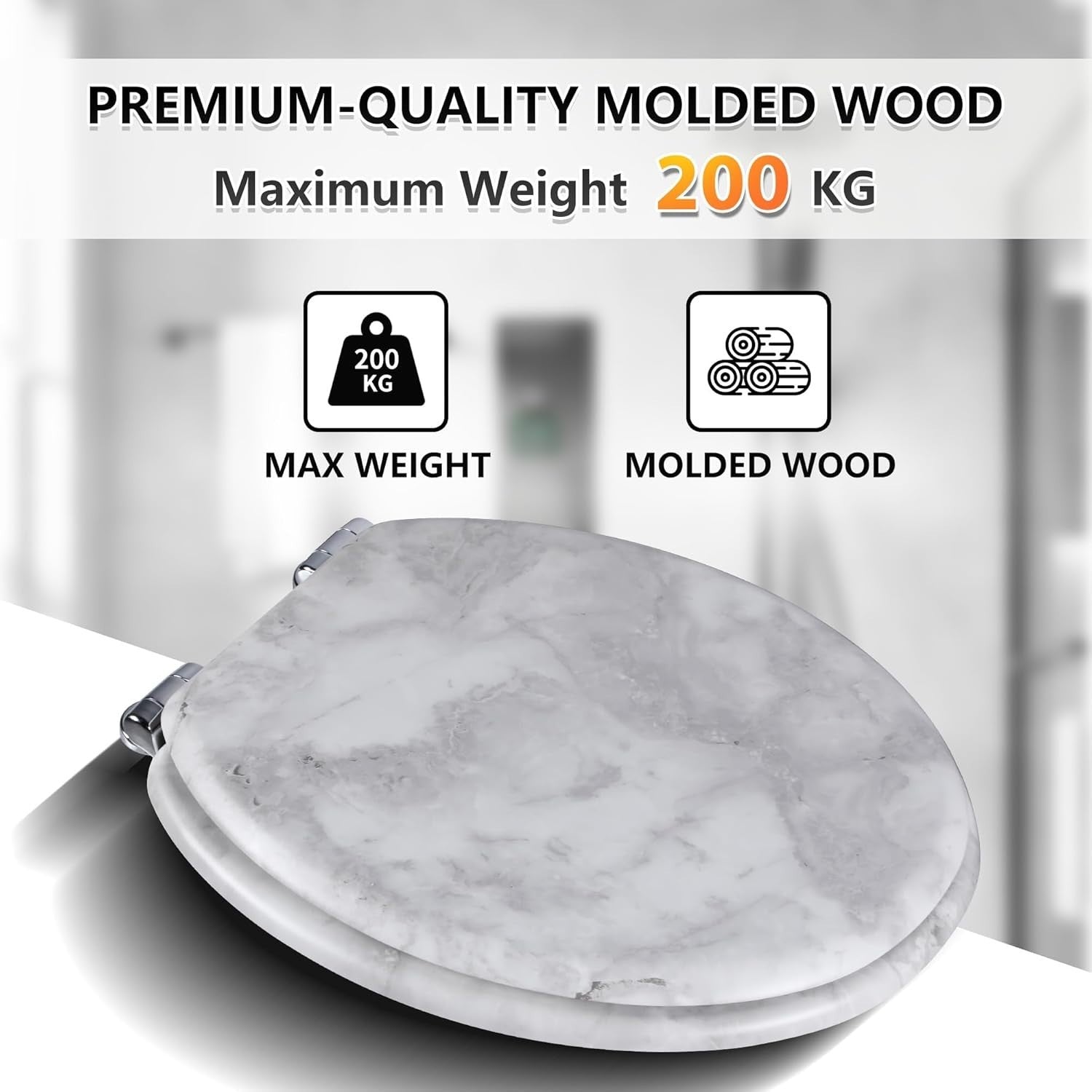 Wooden Toilet Seat Gray Marble | Quick Release Adjustable Hinges 45x37cm Oval