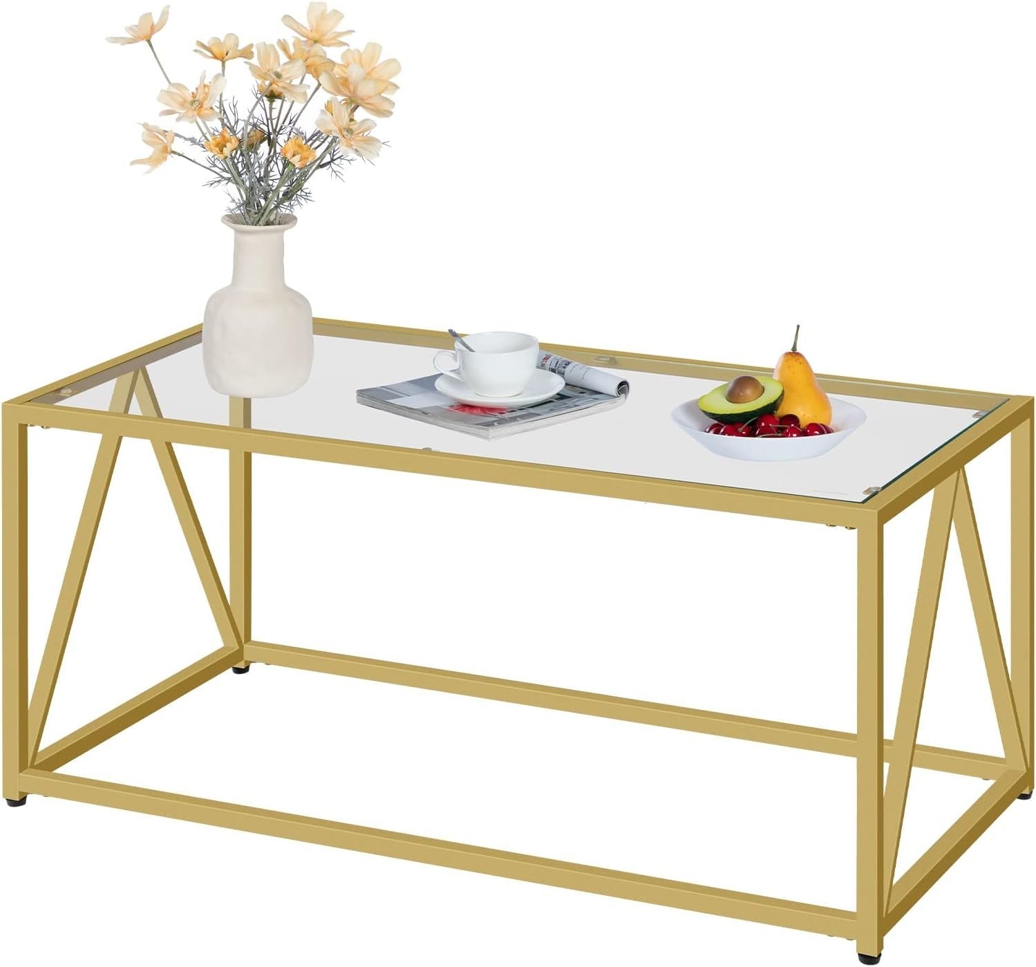 Modern Gold Glass Coffee Table, 100x50cm, Metal Frame, Easy Assembly