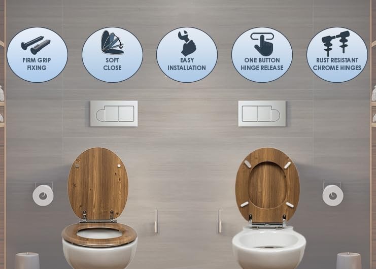 Teak Toilet Seat Soft Close Moulded Wood Lid Stainless Hinges Easy Clean 42x36cm