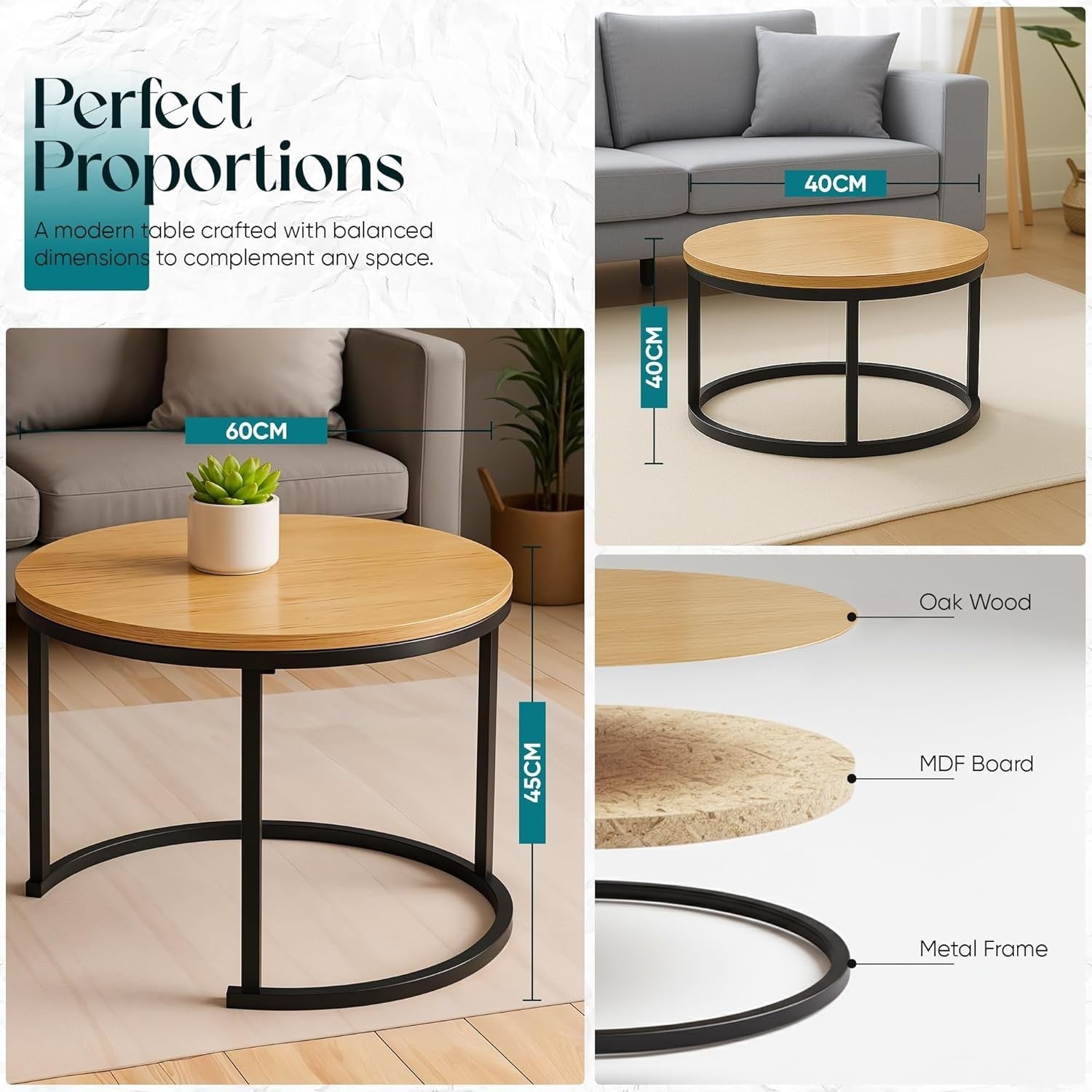 Round Nested Coffee Table Set Oak Wood Stackable Space Saver Living Room End Tab