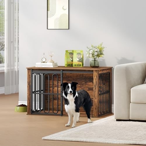 HEXCELEN Dog Crate Furniture Brown – Indoor Small/Medium Dog Cage & Side Table
