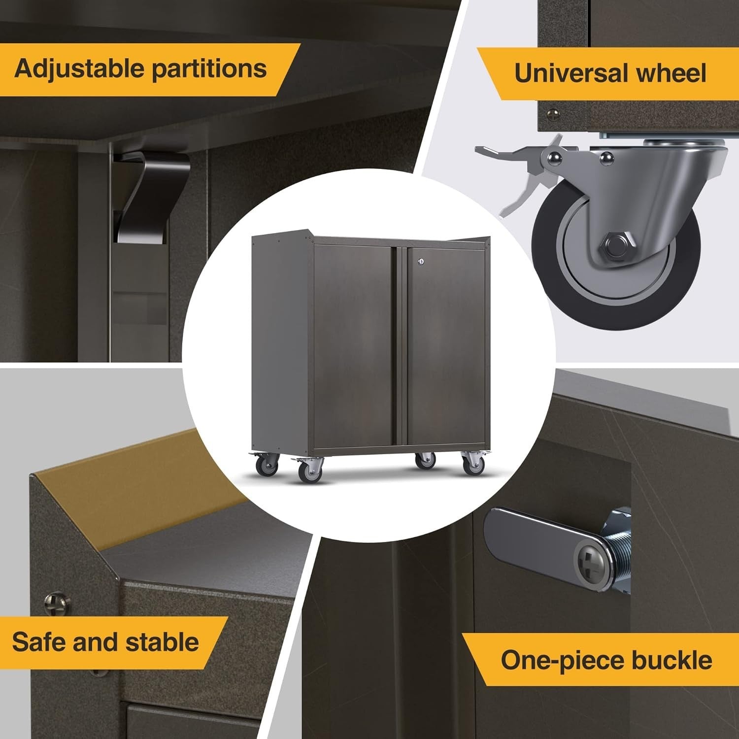 Rolling Metal Storage Cabinet with Wheels, Adjustable Shelves & Hooks, 2 Doors