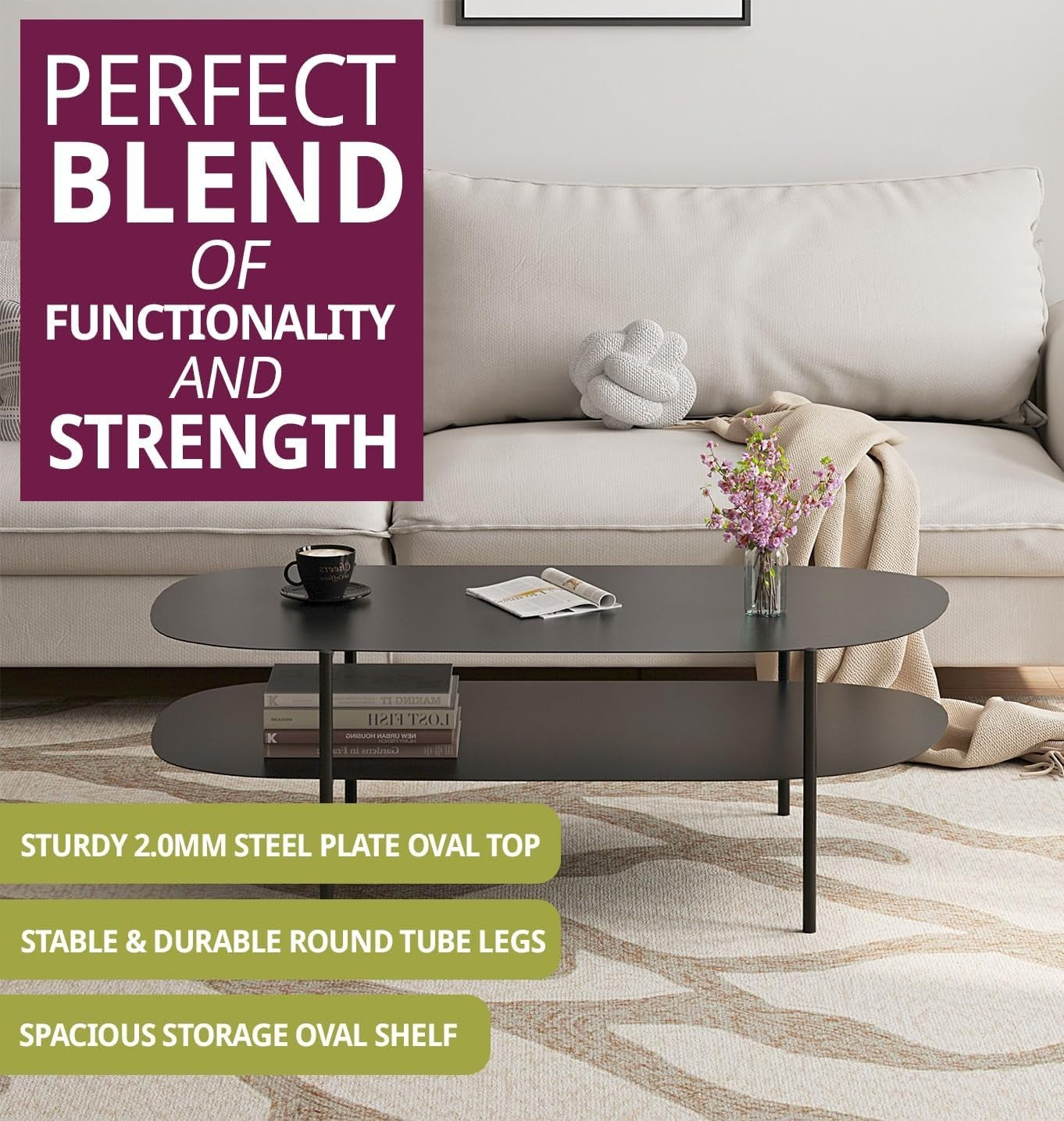 Black Oval Coffee Table with Shelf, Metal Frame 100x50x45cm