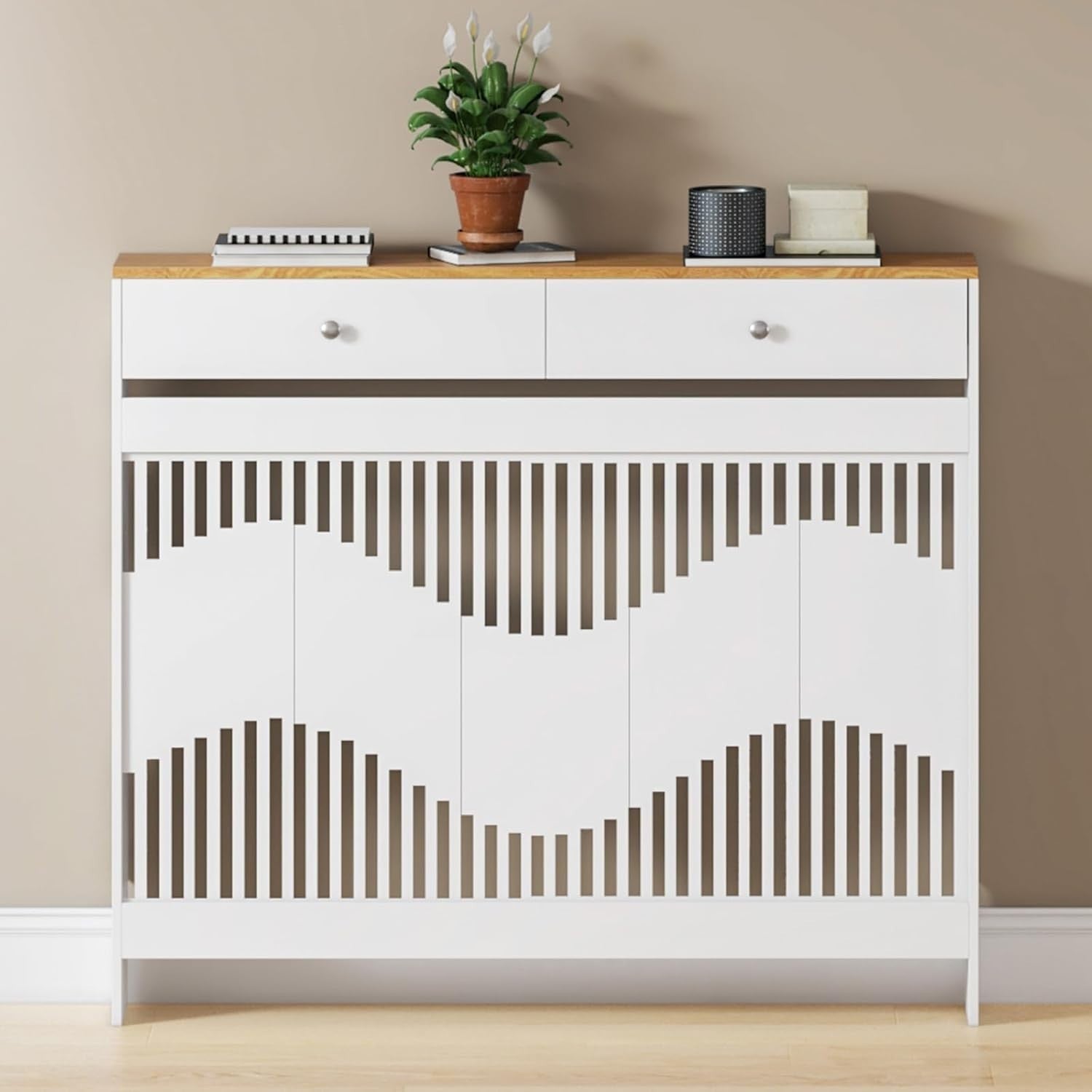 White Radiator Cover Cabinet with Drawers Modern MDF Storage Shelf, Medium