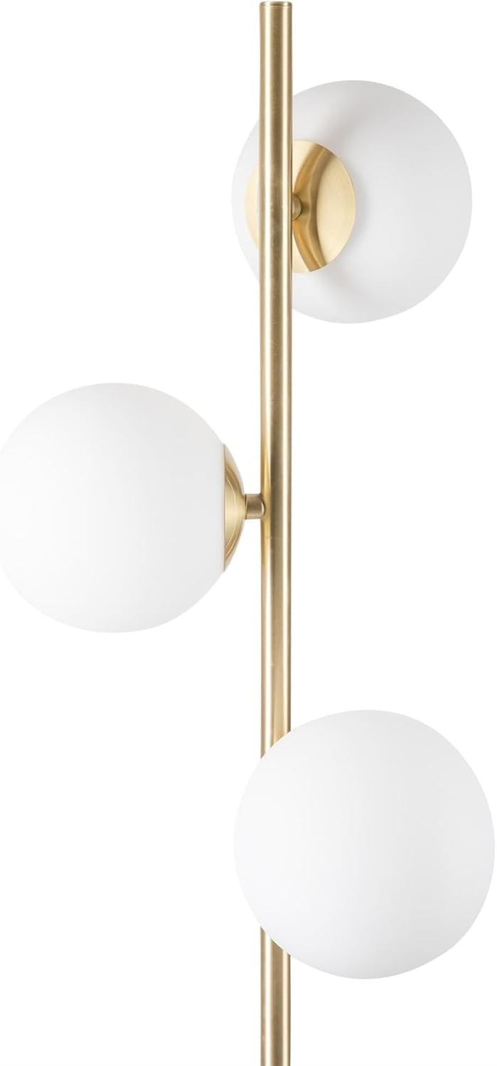 Modern Satin Brass Floor Lamp with Opal Glass Globes & Foot Switch