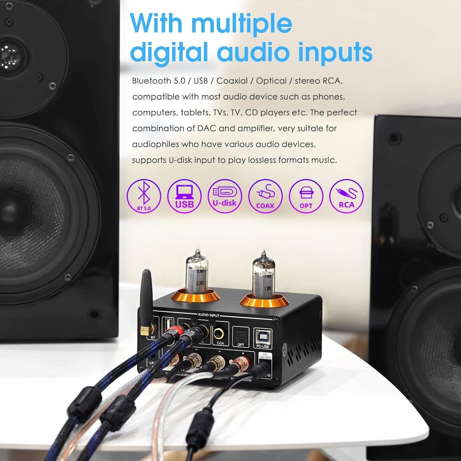 200W Mini Tube Bluetooth HiFi Amplifier VU Meter Stereo DAC USB OPT