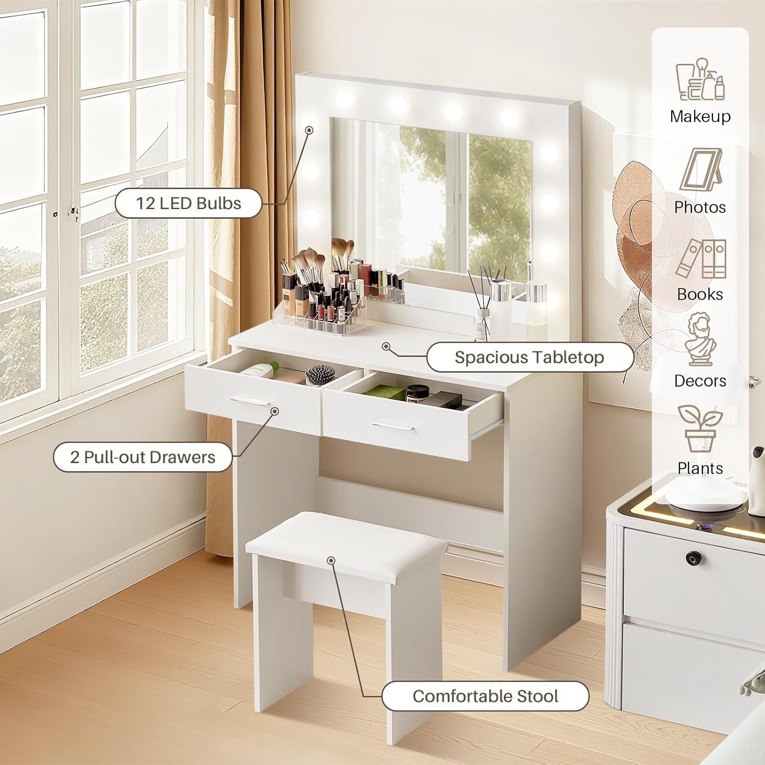 White LED Vanity Dressing Table Makeup Desk Stool Set 2 Drawers Storage Mirror