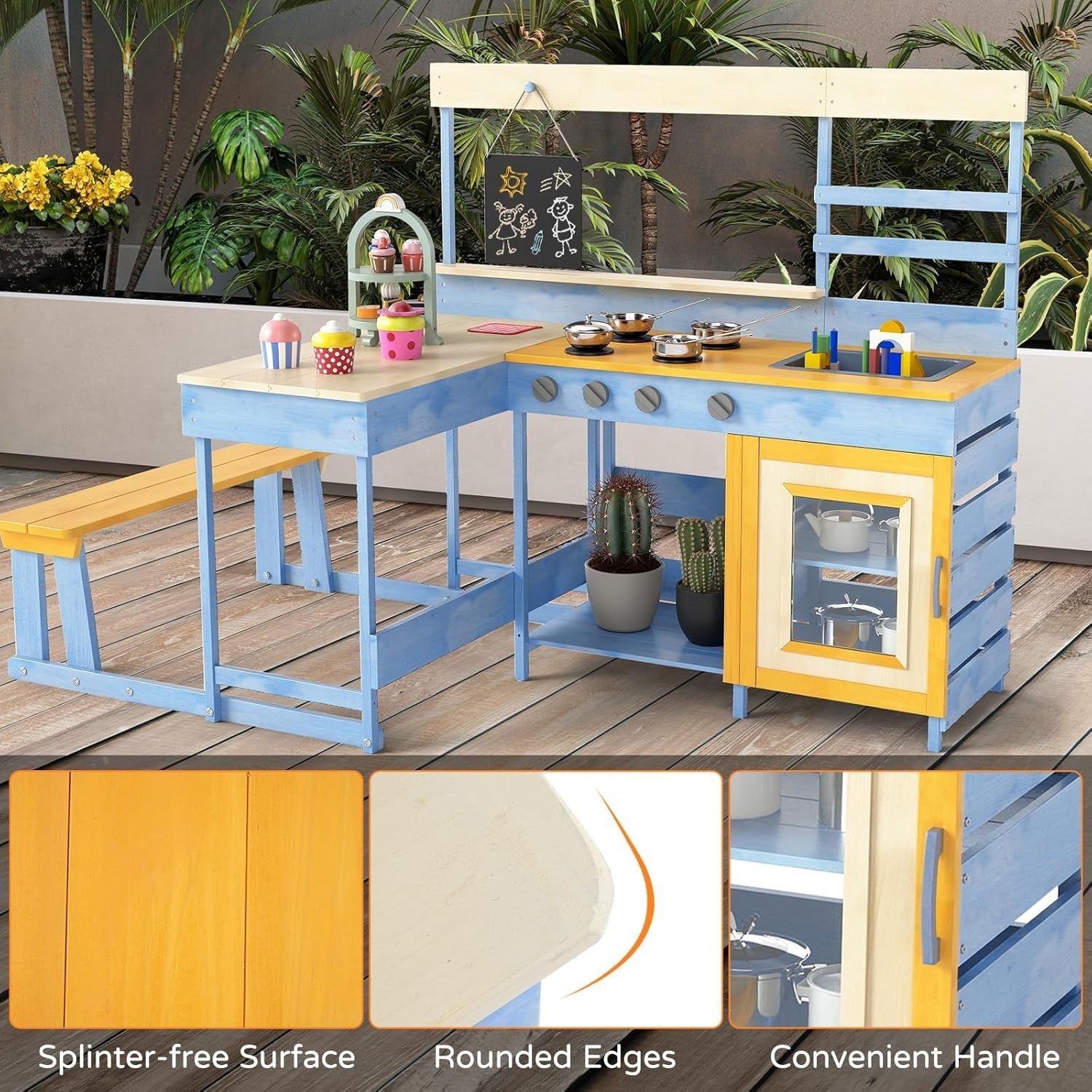 Outdoor Mud Kitchen Kids Playset w/ Picnic Table Blackboard Toys