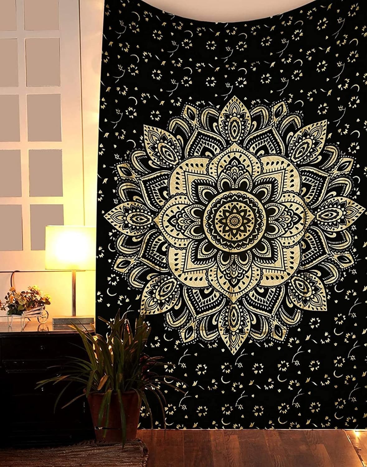 Boho Black Gold Mandala Tapestry 82x92" Cotton Wall Hanging