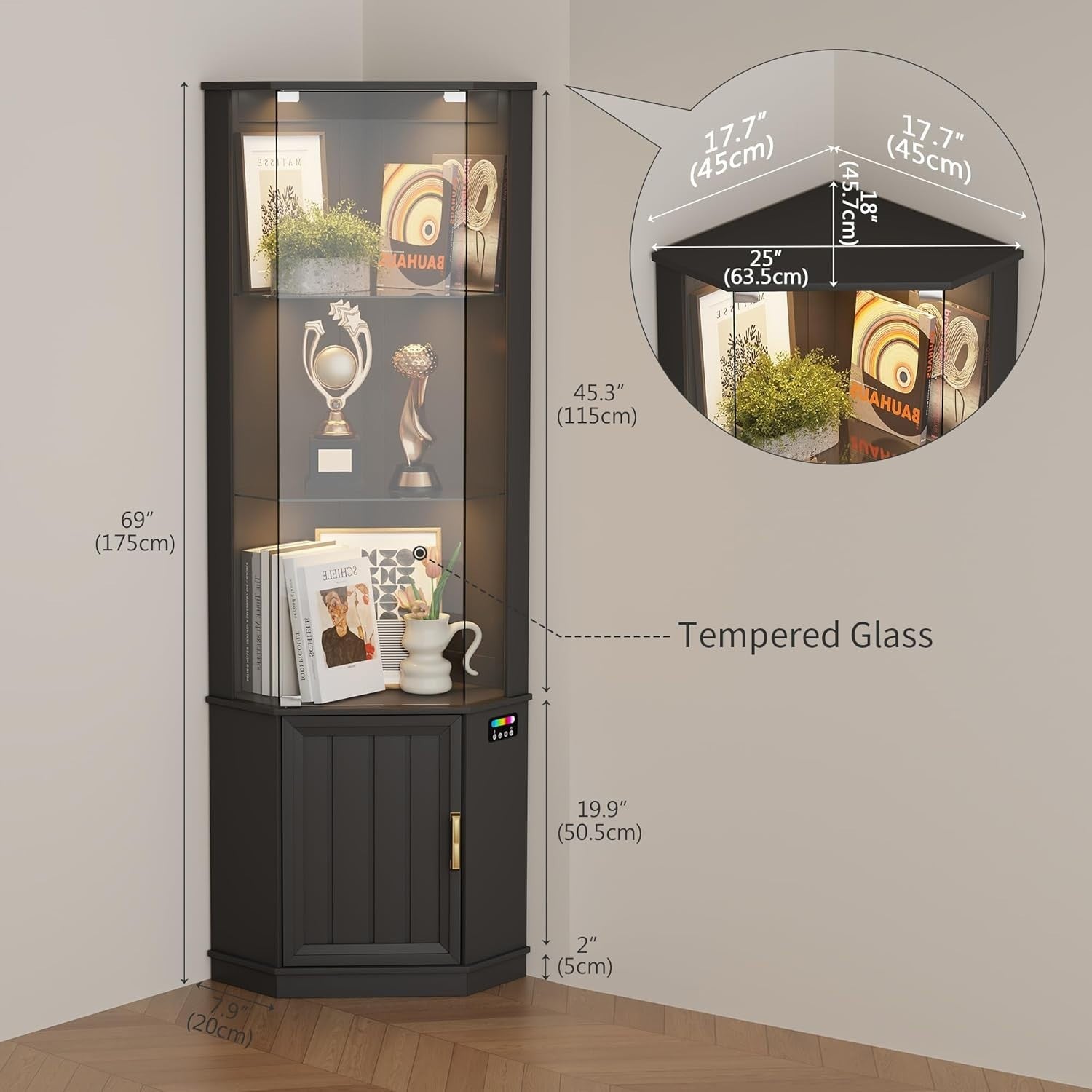 Corner Display Cabinet with RGB Lights, Glass Shelves & Motion Sensor