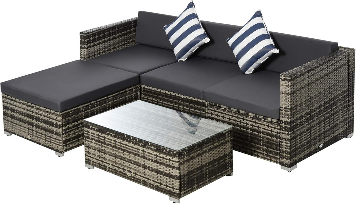 5PC Grey Rattan Outdoor Patio Sofa Set Modular Cushions Glass Table