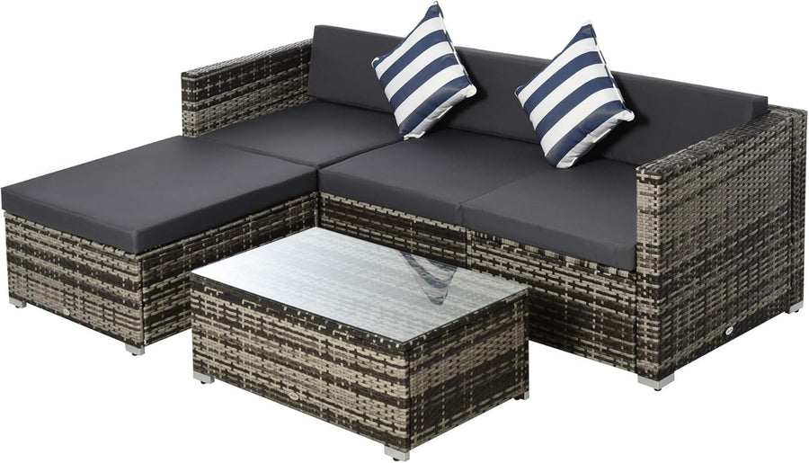 5PC Grey Rattan Outdoor Patio Sofa Set Modular Cushions Glass Table