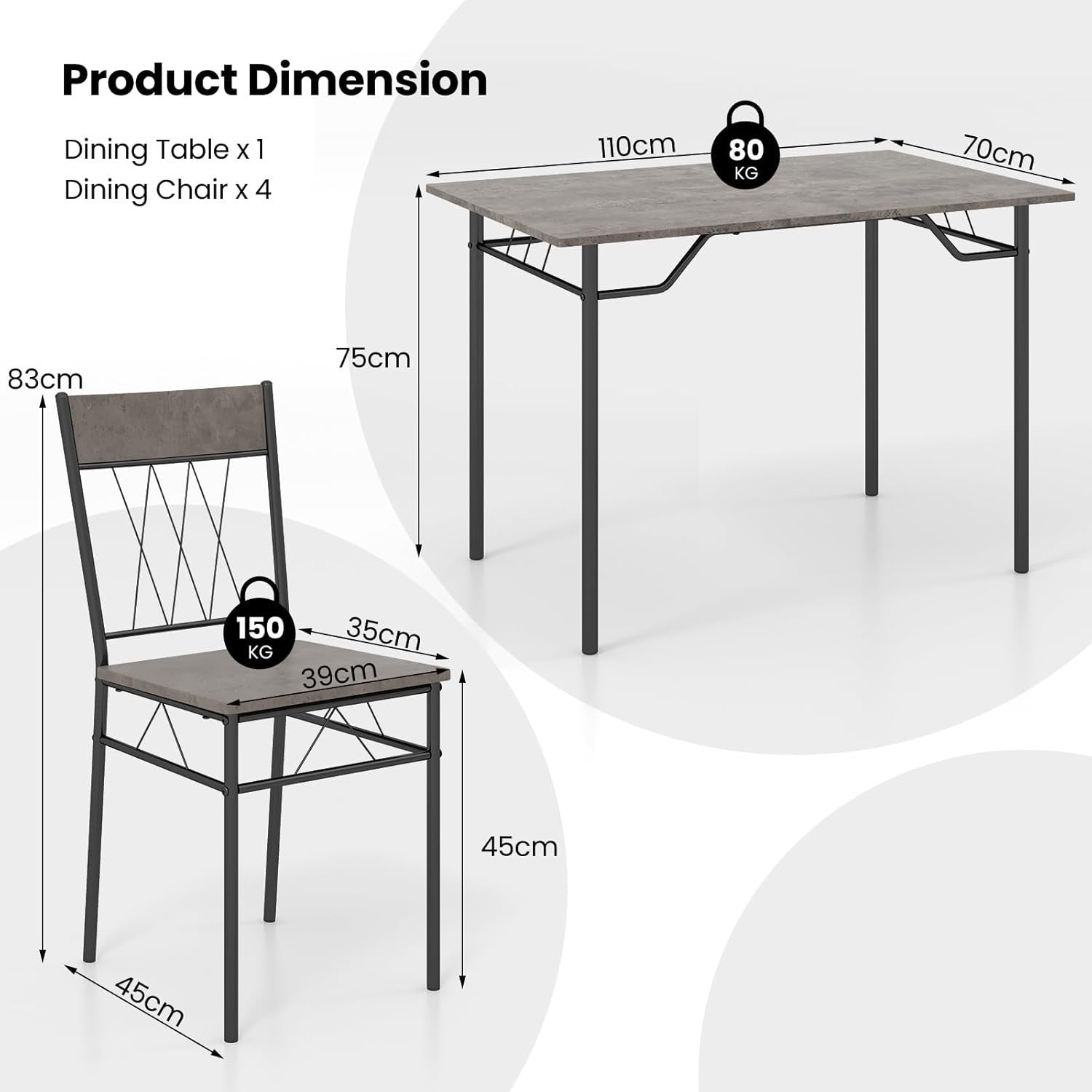 Gray Cement Texture Dining Table Set 4 Chairs | Space-Saving Kitchen Fit