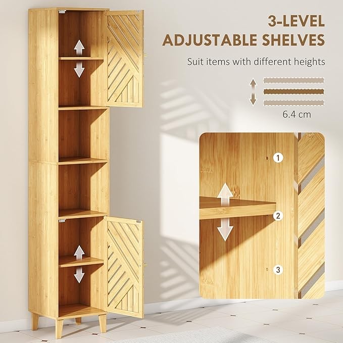 Slim Tall Bathroom Cabinet with Bamboo Doors, Adjustable Shelves, Modern