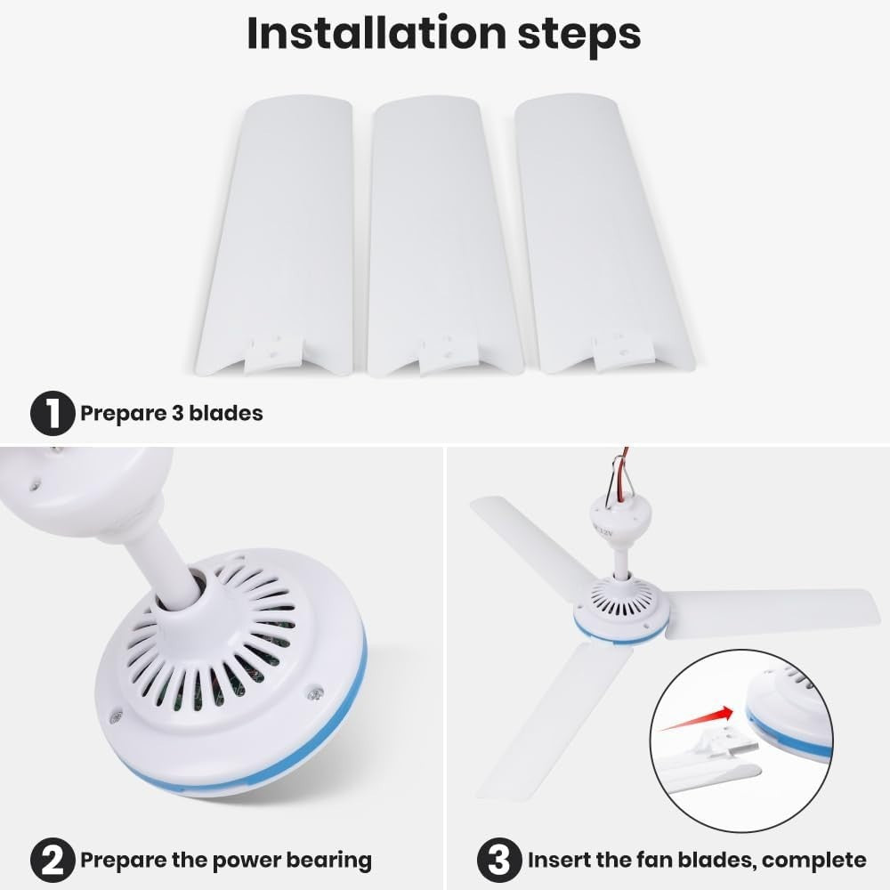 ESLOYSUN DC 12V Portable 19.7" Ceiling Fan, Battery Powered for Outdoor/RV