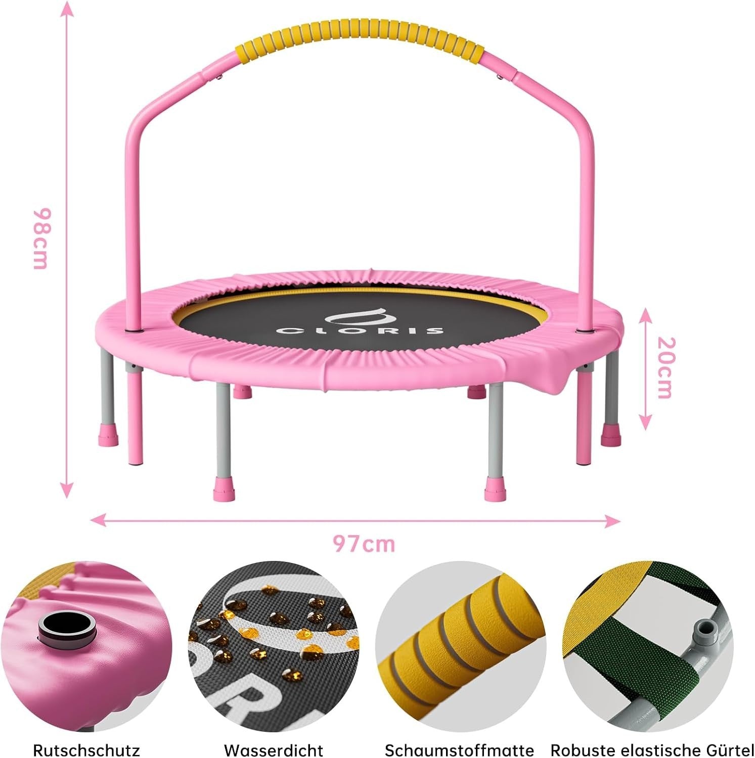 Compact 38in Exercise Rebounder Trampoline Adjustable Handle 220LB