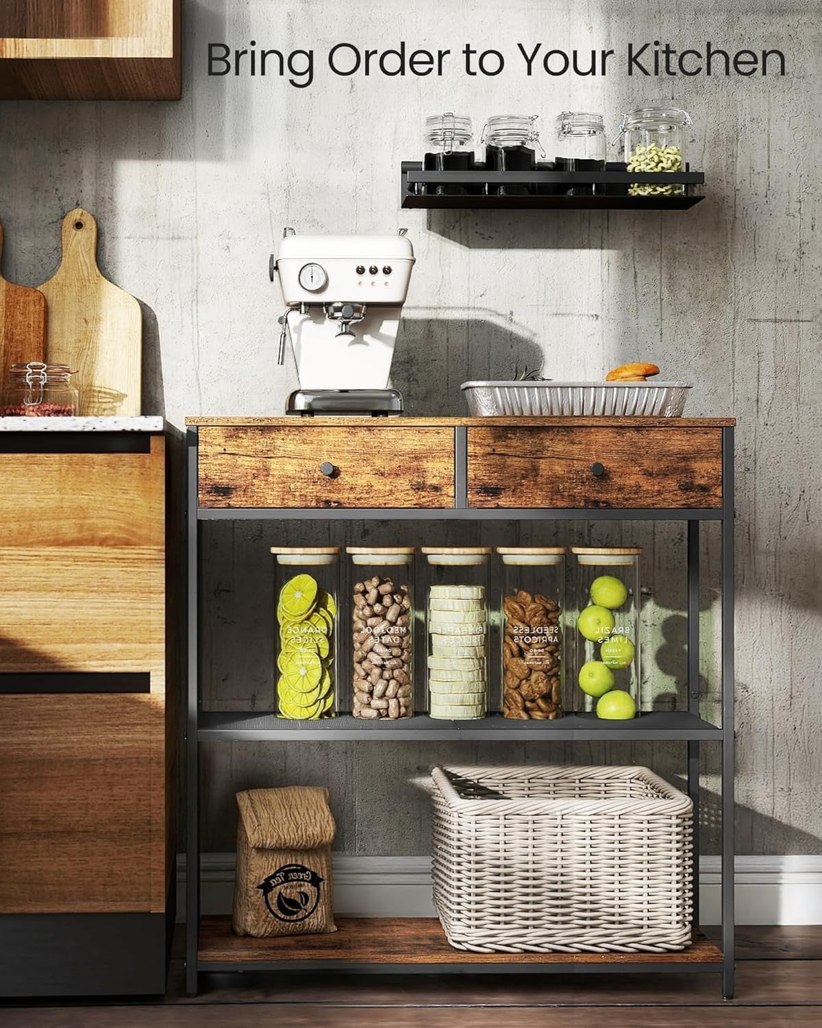 Narrow Console Table with 2 Fabric Drawers & 3-Tier Shelves – Rustic
