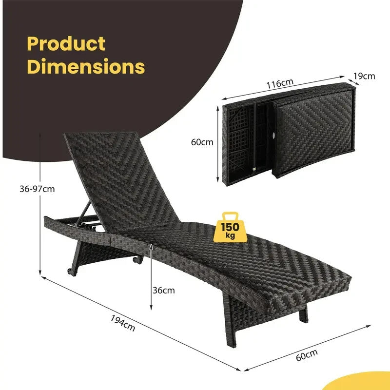 Folding Rattan Sun Lounger with Adjustable Backrest & Wheels – Outdoor Recliner