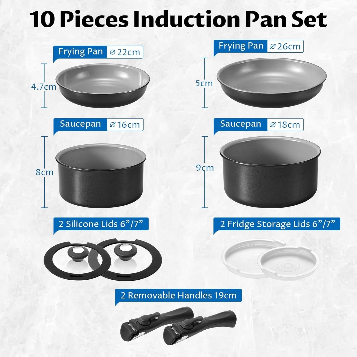 10pcs Gray Black Ceramic Non Stick Induction Pan Set  with Detachable Handles