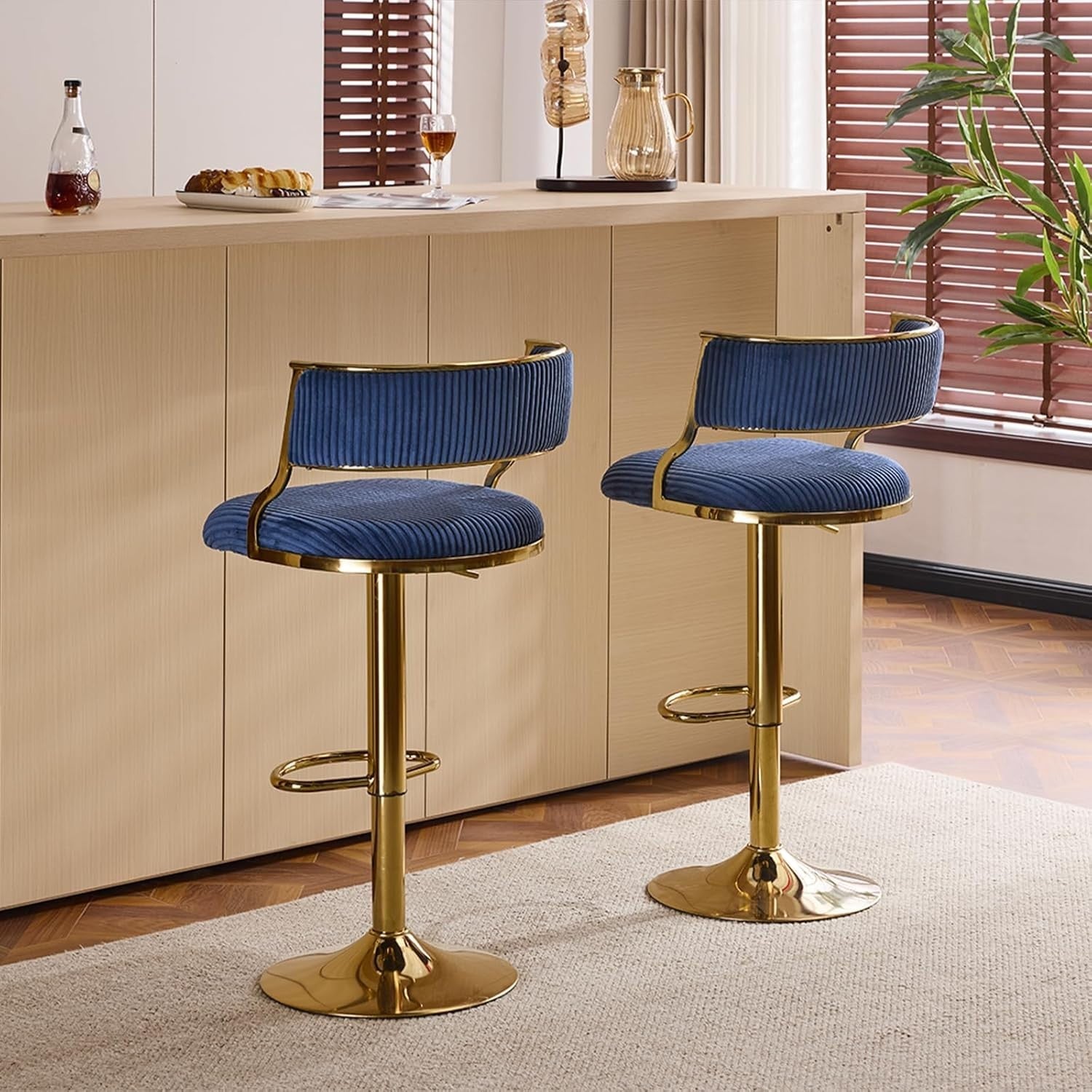 Blue Corduroy Adjustable Swivel Bar Stools Set of 2 with Back
